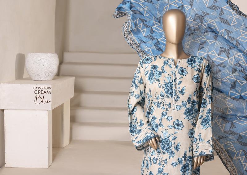 Cambric - Stitched printed 3piece with Lace work - Cream Blue