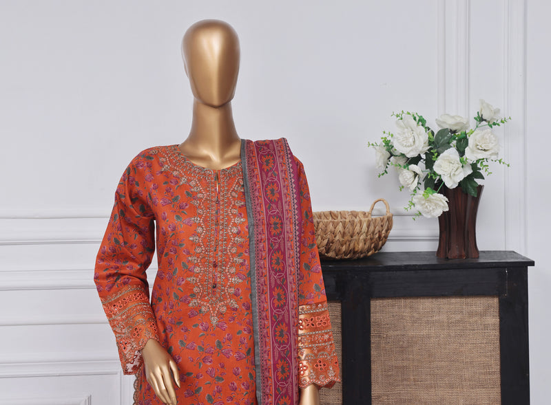 Lawn - Stitched Festive Embroidered 3piece with Plazo - Orange