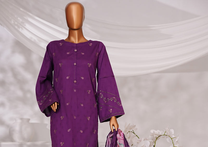 Cambric | Cotton - Stitched Embroidered Printed 3piece with Nannokara Dupatta - Purple
