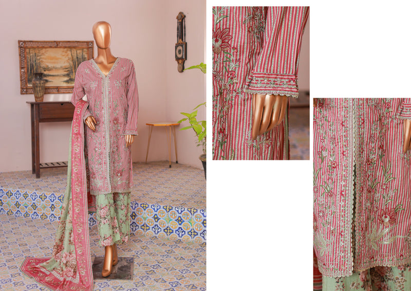 Lawn Self stripe- Stitched Embroidered 3piece with Lace work - Pink
