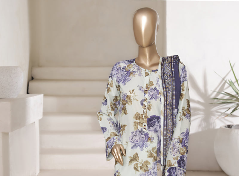 Lawn - Stitched printed 3piece with Lace work - White & Light purple