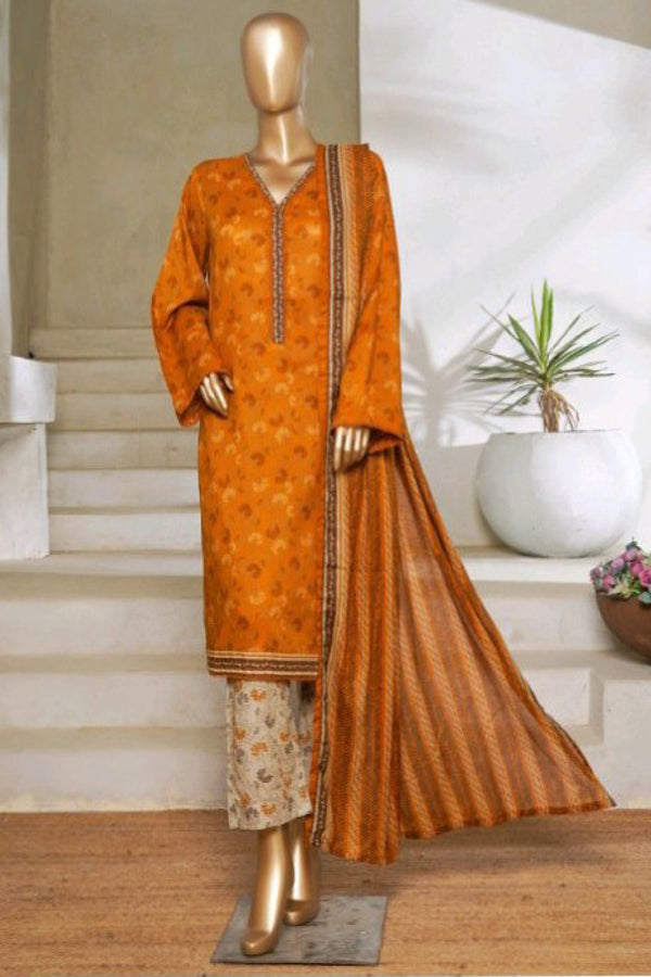 Lawn - Stitched printed 3piece with Lace work - Orange