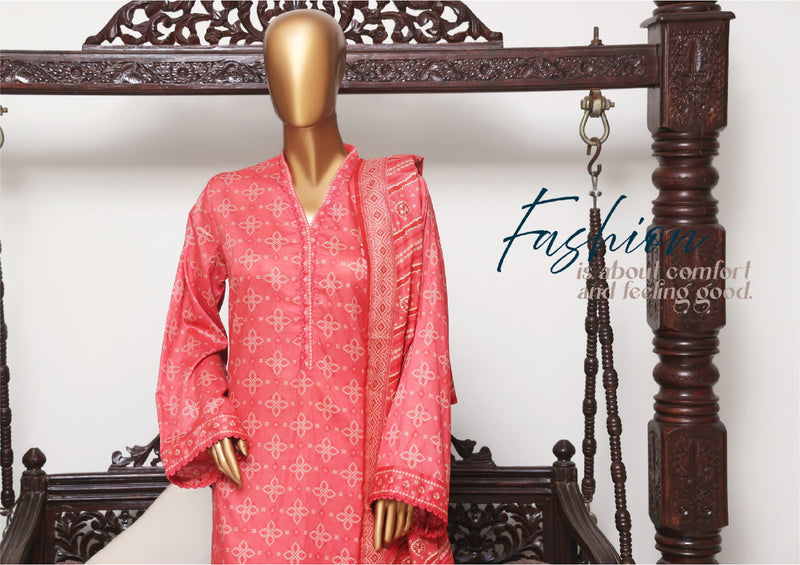 Lawn - Stitched printed 3piece with Farshi Shalwar - Pink