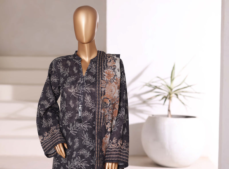Khaddar - Stitched printed 3piece with Lace work - Black