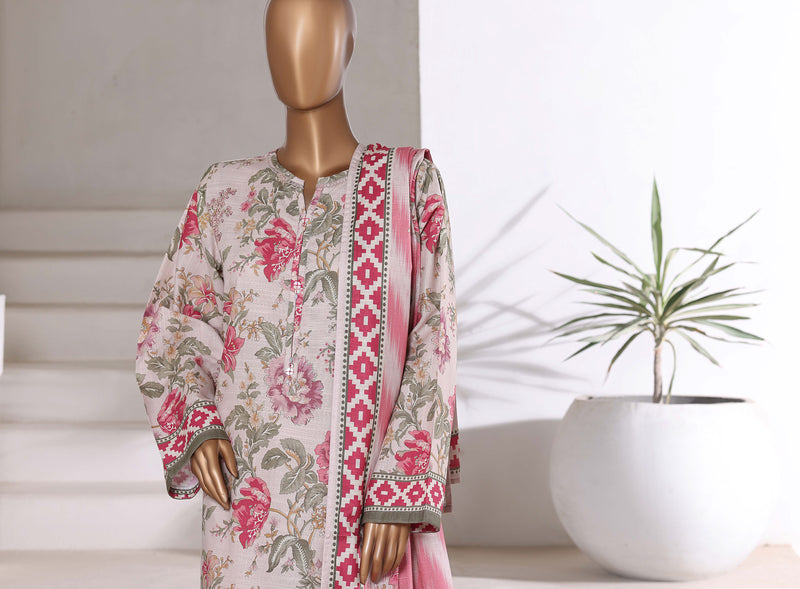 Khaddar - Printed 3piece collection with Lace work - Pink