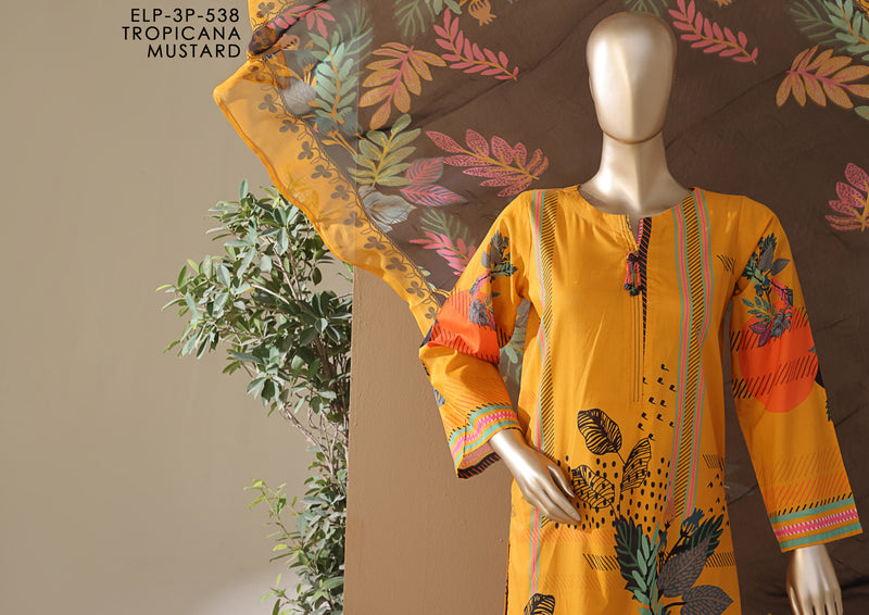 Cambric | Cotton - Stitched printed 3piece with Bamber chiffon Dupatta - Tropicana Mustard