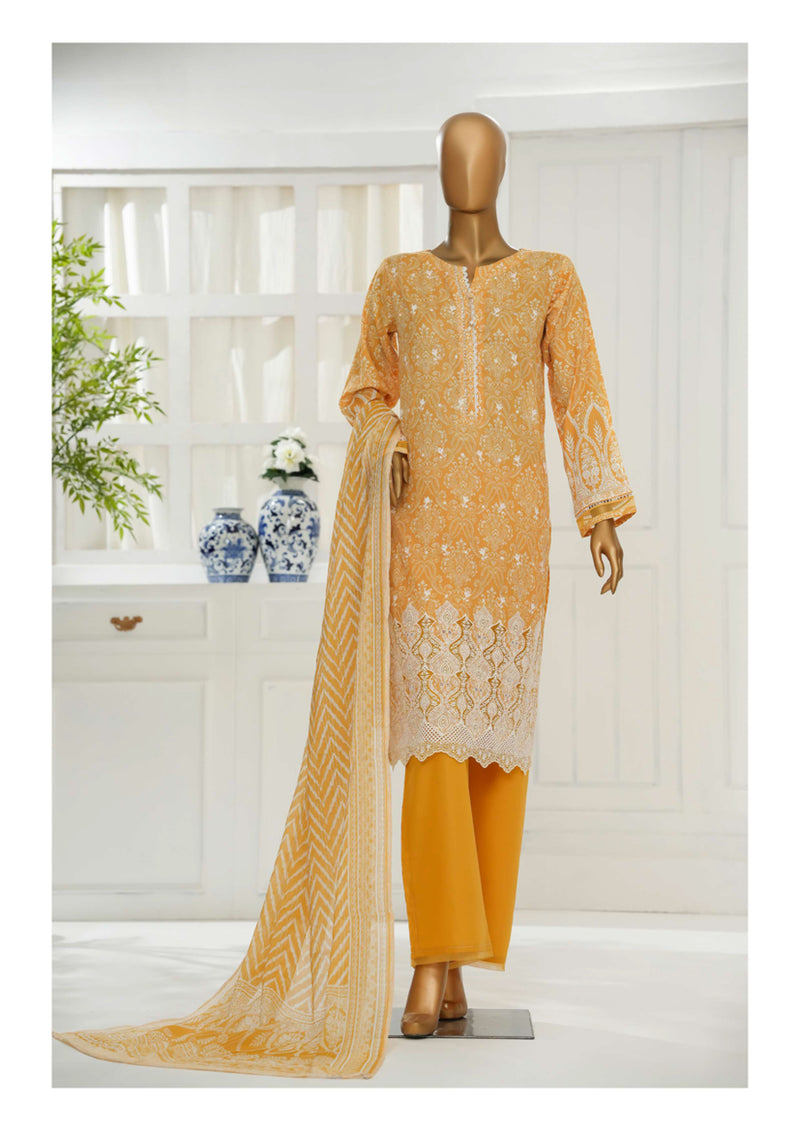 Cambric Chikankari - Stitched Embroidered 3piece with Lace work - Mustard