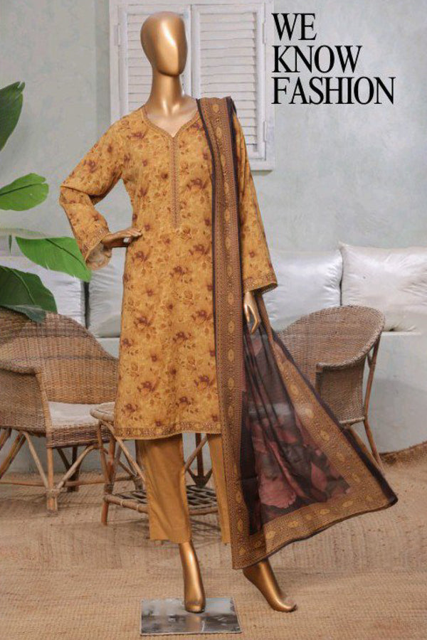 Lawn - Stitched printed 3piece with Lace work - Mustard