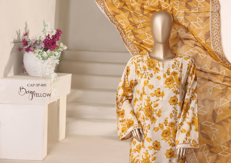 Cambric - Stitched printed 3piece with Lace work - Beige Yellow