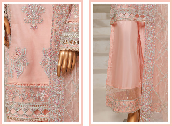 Organza - Stitched Embroidered 3piece with Hand work - Pink