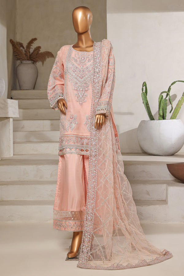 Organza - Stitched Embroidered 3piece with Hand work - Pink