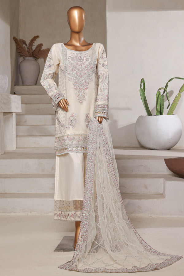 Organza - Stitched Embroidered 3piece with Hand work - White