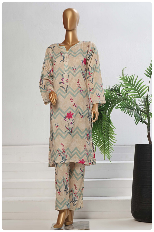 Lawn Co-ords - Stitched Printed Kurti & Trouser with Lace work - Skin