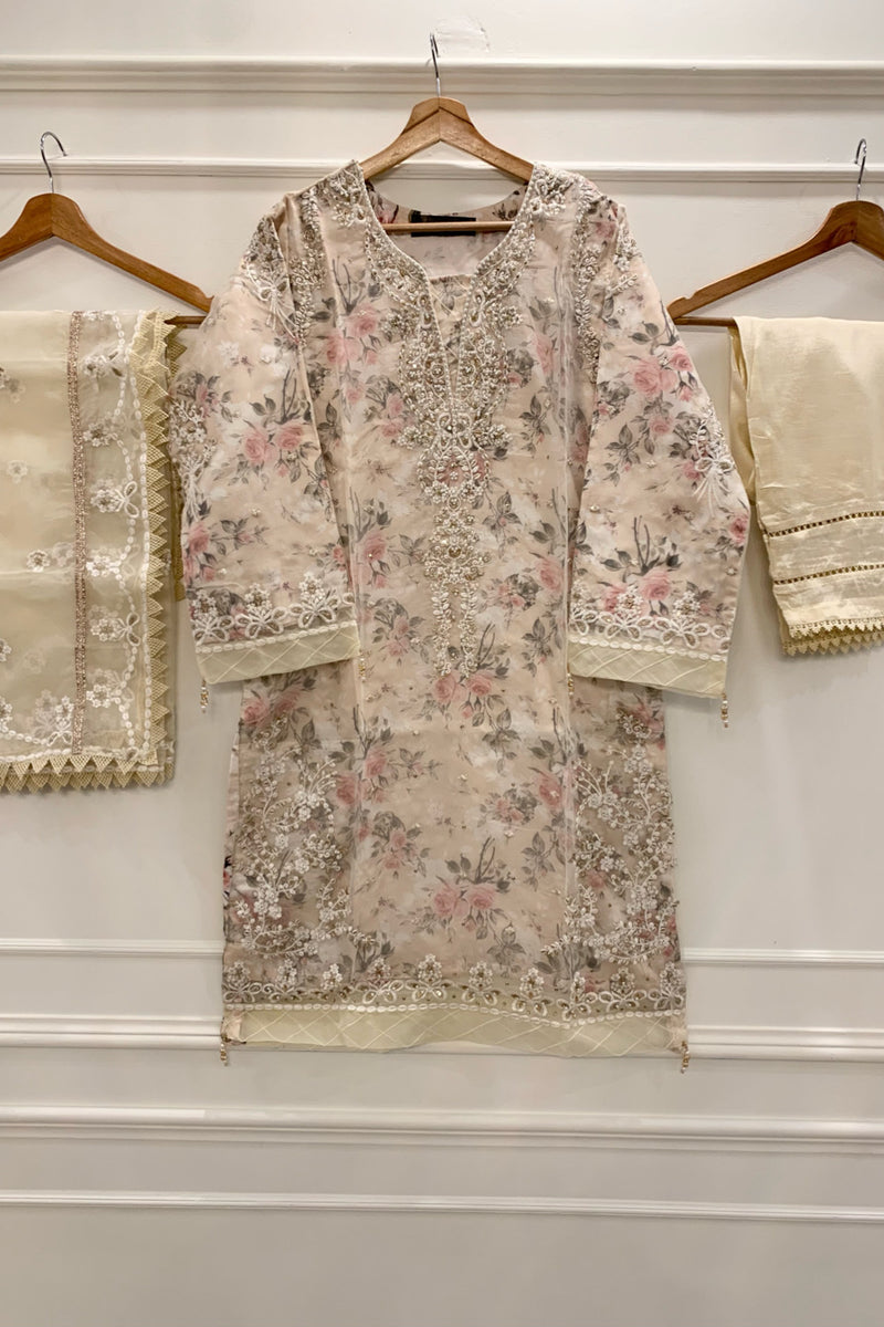 Formal Organza (Printed silk inner) - Stitched Embroidered 3piece with hand work - Cream