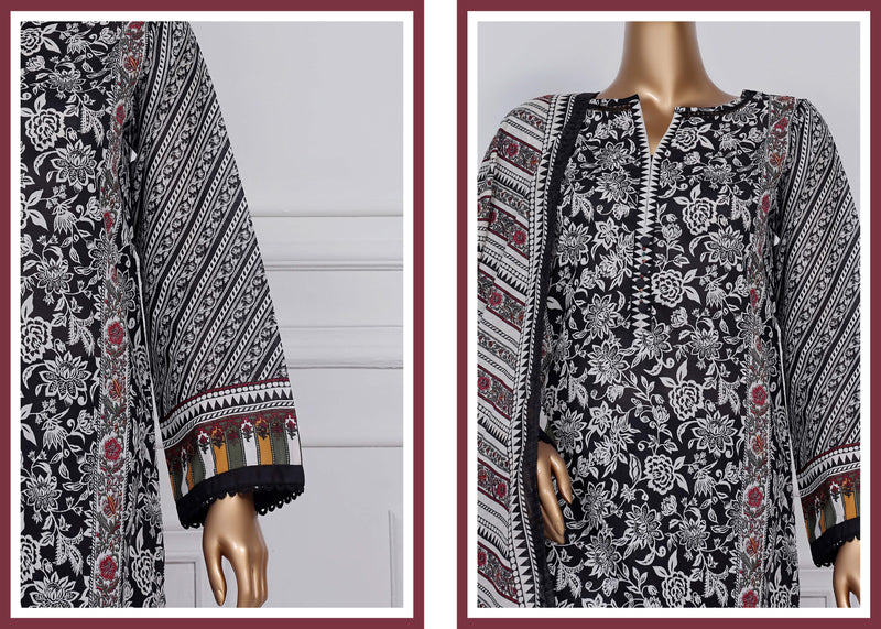Lawn - Stitched printed 3piece with Lace work - Black and White