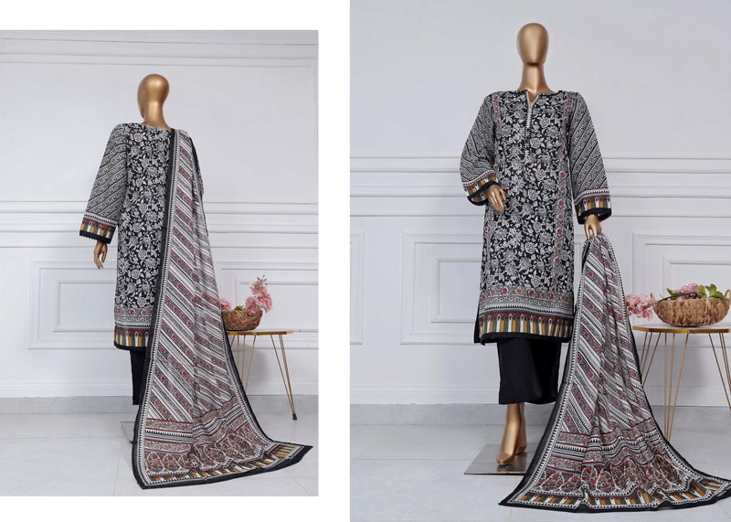 Lawn - Stitched printed 3piece with Lace work - Black and White