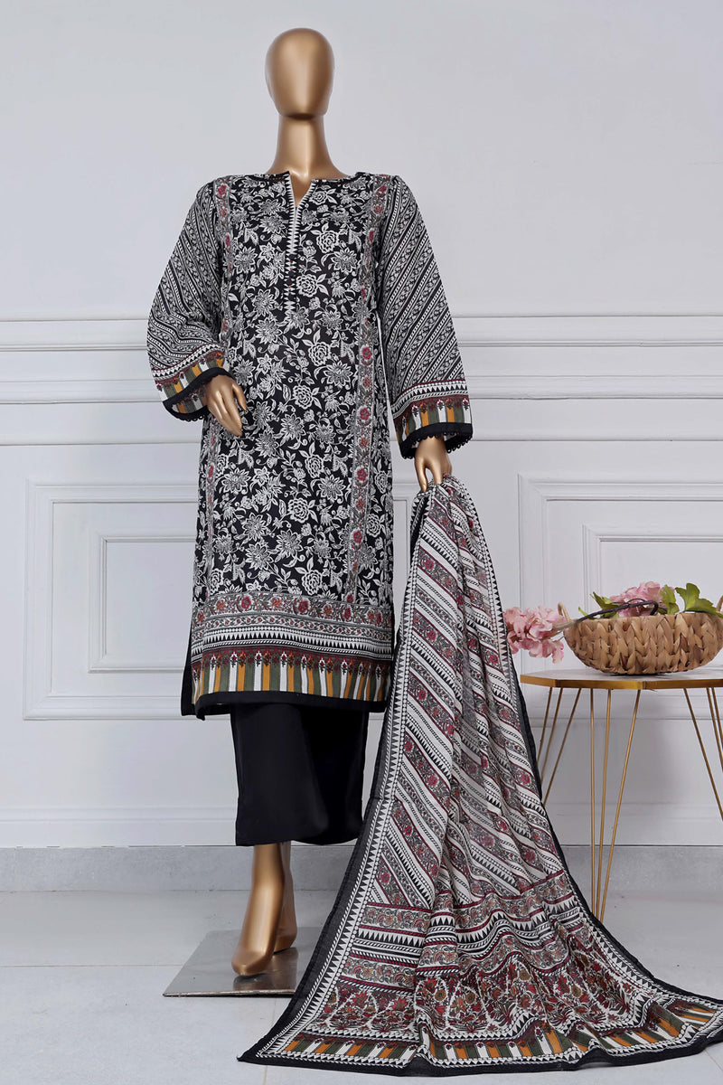 Lawn - Stitched printed 3piece with Lace work - Black and White
