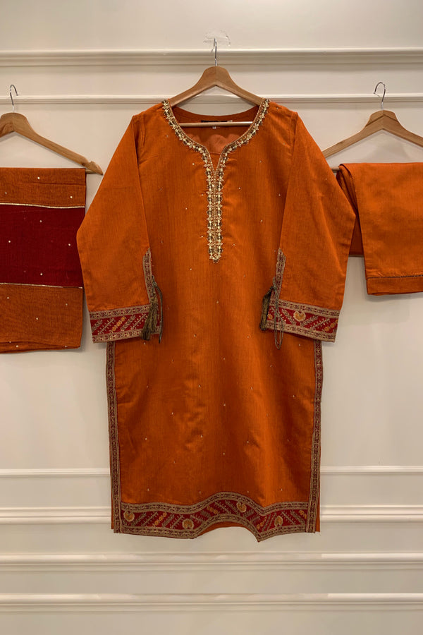 Cotton Net - Stitched Embroidered 3piece with Hand work - Rust