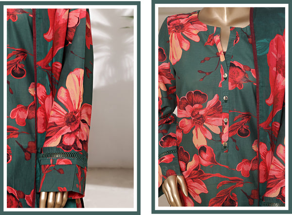 Lawn - Stitched printed 3piece with Lace work - Dark Green