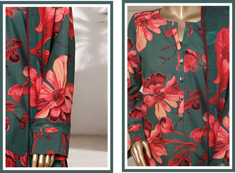 Lawn - Stitched printed 3piece with Lace work - Dark Green