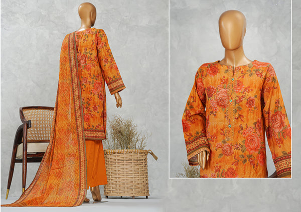 Lawn PrintKari - Stitched Embroidered 3piece with Embroidered Dupatta - Mustard