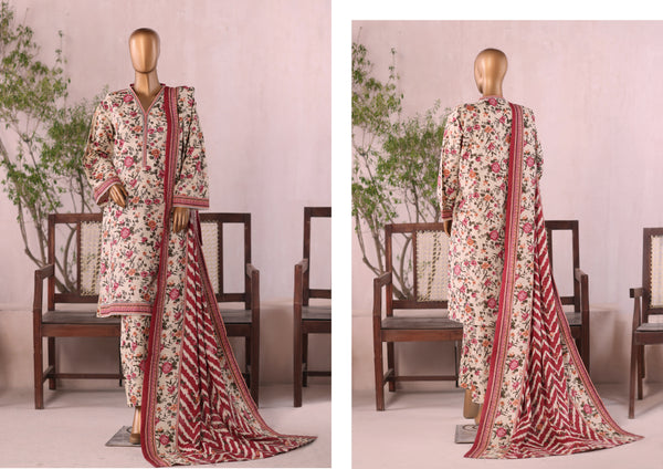 Khaddar - Stitched  printed 3piece with Lace work  -Peach & Maroon