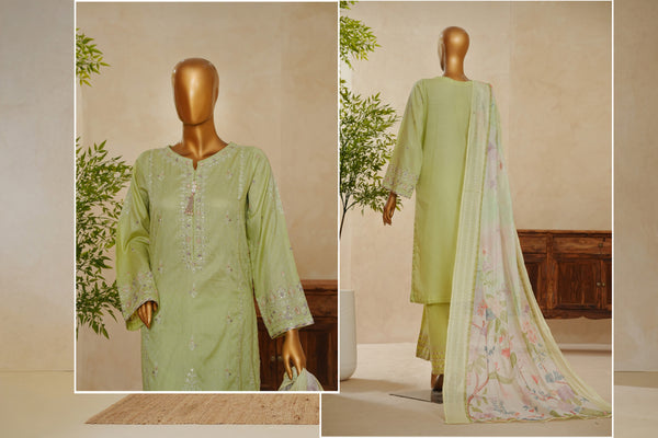 Lawn Jacquard - Stitched Embroidered 3 piece with lace work - Sage Green