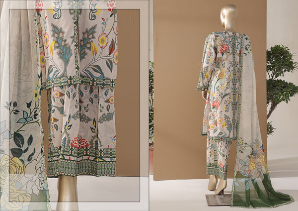 Cambric | Cotton - Stitched printed 3piece with Bamber chiffon Dupatta - Cream