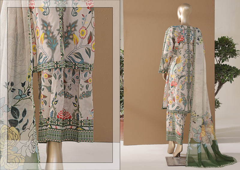 Cambric | Cotton - Stitched printed 3piece with Bamber chiffon Dupatta - Cream