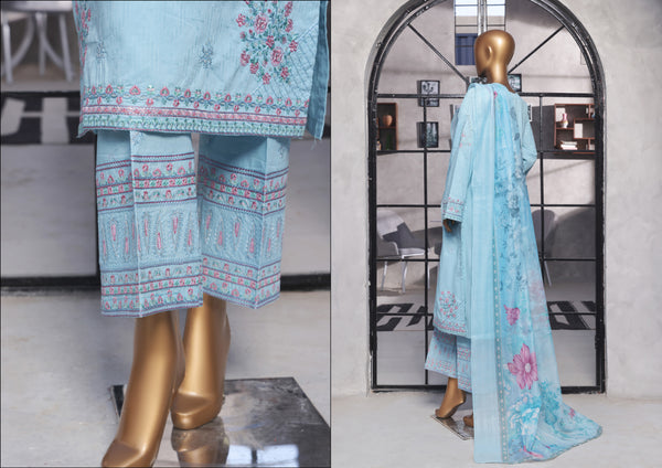 Lawn - Stitched Self Jacqaurd Embroidered 3piece with Emb trouser - Blue