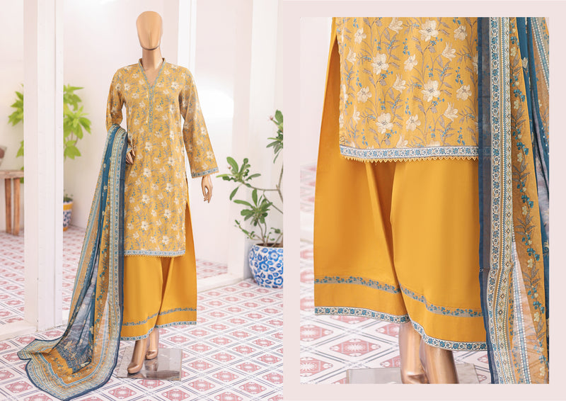 Lawn - Stitched printed 3piece with Farshi Shalwar - Yellow