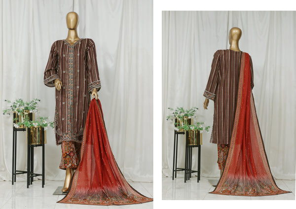 Lawn (front open style) - Stitched Embroidered 3piece with Lace work - Brown