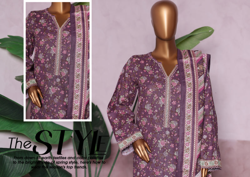 Khaddar - Stitched printed 3piece with Lace work - Dull Pink