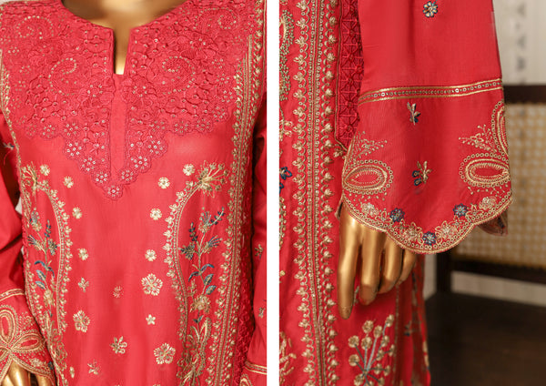 Lawn - Stitched Embroidered 3piece with printed Back & Printed trouser - Red