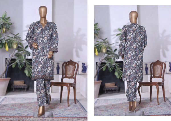 Khaddar Co-Ords - Stitched printed Kurti & trouser with Lace work - Dark Blue