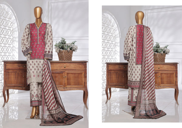 Lawn Chickankari - Stitched Embroidered 3piece with Lace work  - Pink & Grey