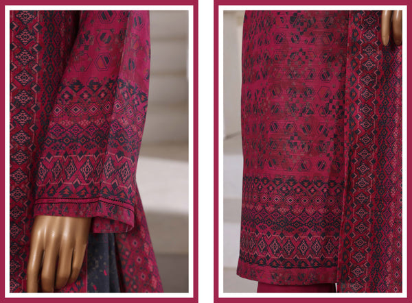 Khaddar - Printed 3piece collection with Lace work - Dark Pink