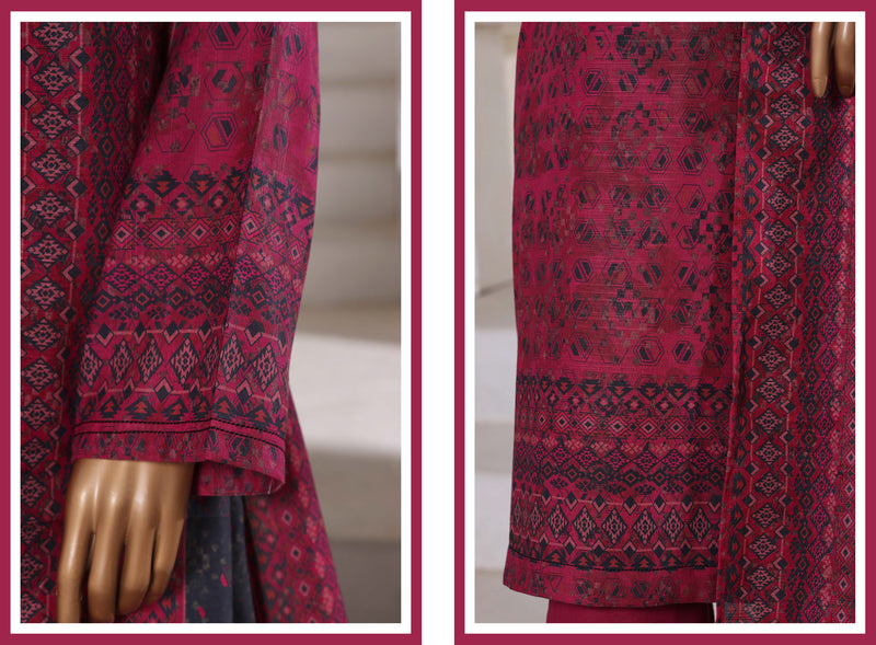 Khaddar - Printed 3piece collection with Lace work - Dark Pink