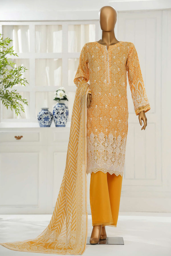 Cambric Chikankari - Stitched Embroidered 3piece with Lace work - Mustard