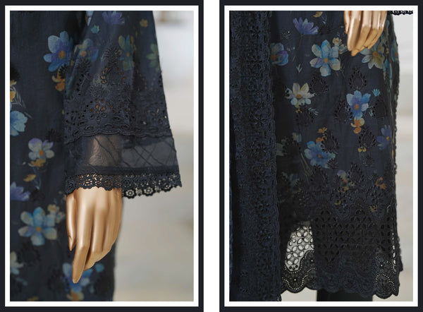 Lawn Chikankari - Stitched Embroidered 3piece with Cutwork and Embroidered Chiffon Dupatta - Black