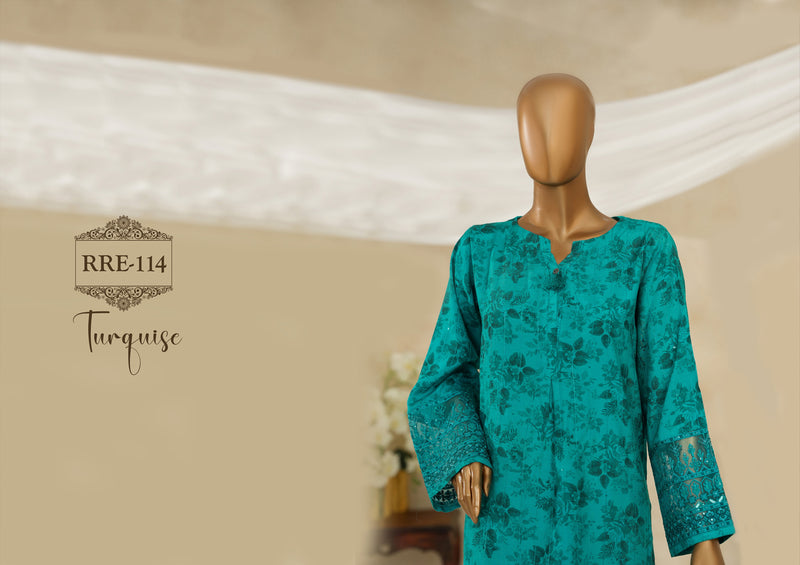 Cambric | Cotton - Stitched printed embroidered silk 3piece with Boring, Cutwork & Mirror work - Turquise