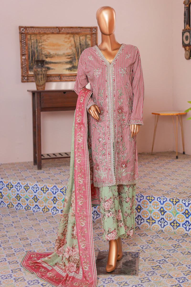 Lawn Self stripe- Stitched Embroidered 3piece with Lace work - Pink