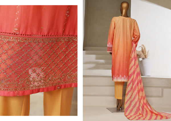 Lawn - Embroidered jacquard 3piece with Lace work - Peach Pink