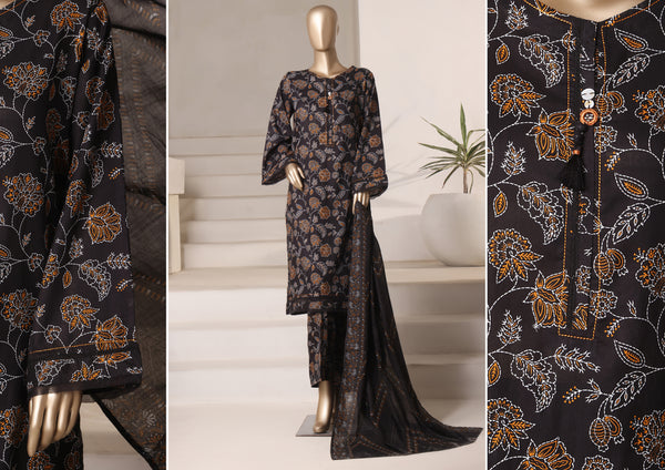 Cambric - Stitched printed 3piece with Lace work - Black Line Art