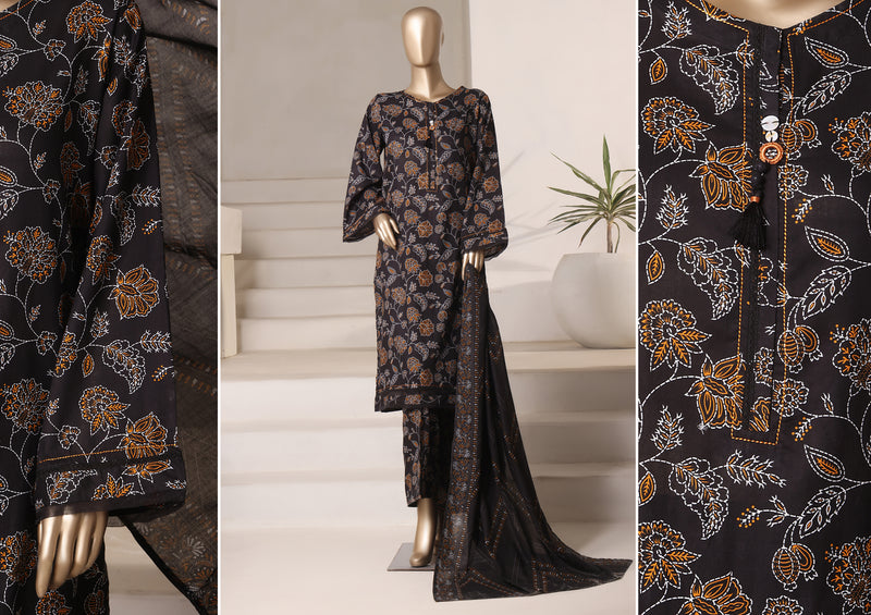 Cambric - Stitched printed 3piece with Lace work - Black Line Art