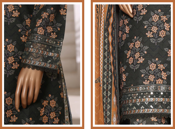 Khaddar - Embroidered 3piece collection with Lace work - Dark Green