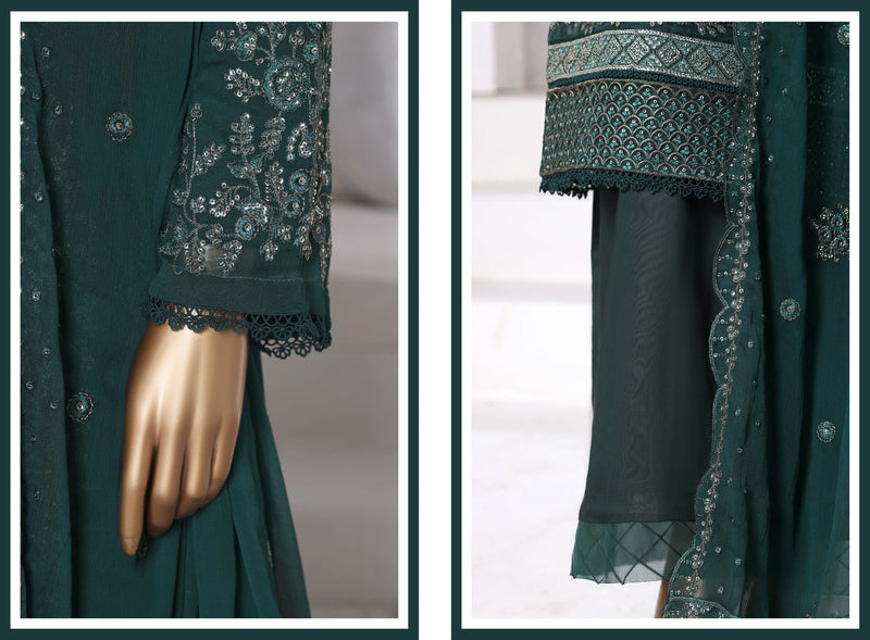 Chiffon - Stitched Formal Embroidered 3piece with Hand work - Green