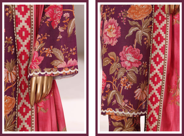 Khaddar - Stitched Embroidered 3piece collection with Lace work - Dark Pink