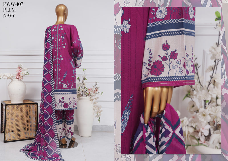 Lawn - Stitched printed 3 piece with chiffon dupatta - Plum Navy