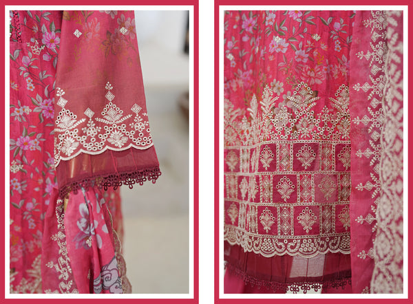 Lawn - Stitched Embroidered 3piece with Cutwork & Printed chiffon Dupatta - Pink